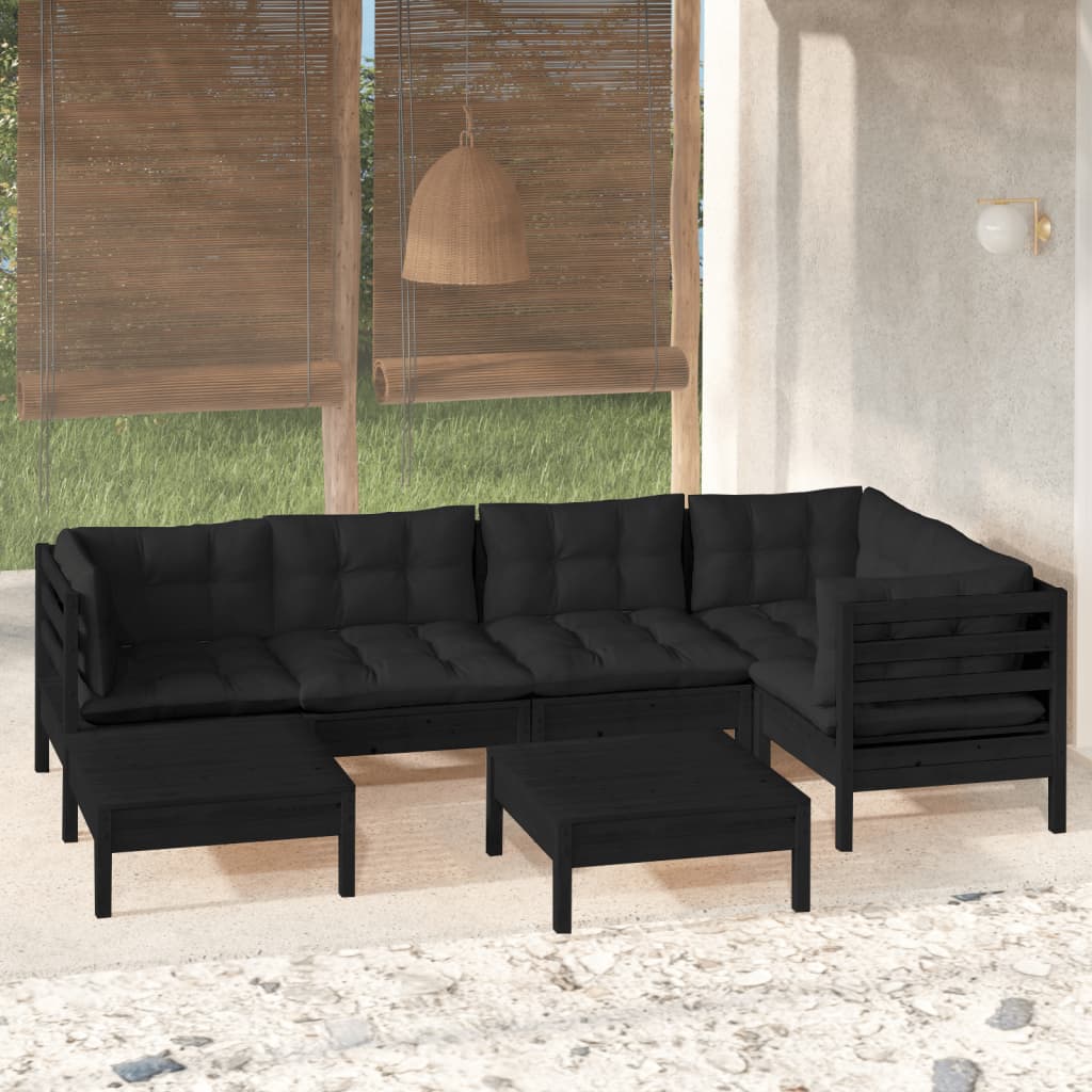 NNEVL 7 Piece Garden Lounge Set with Cushions Black Solid Pinewood-0