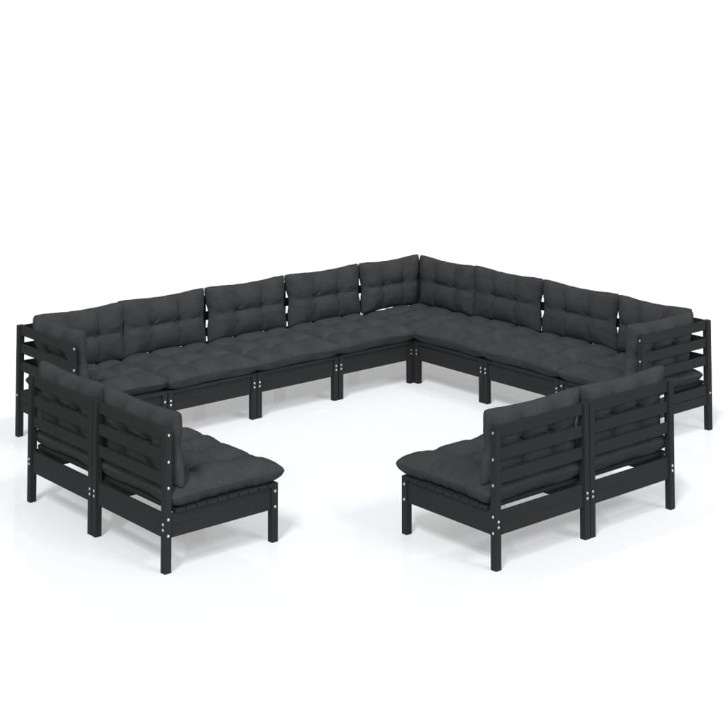 NNEVL 12 Piece Garden Lounge Set with Cushions Black Solid Pinewood-1