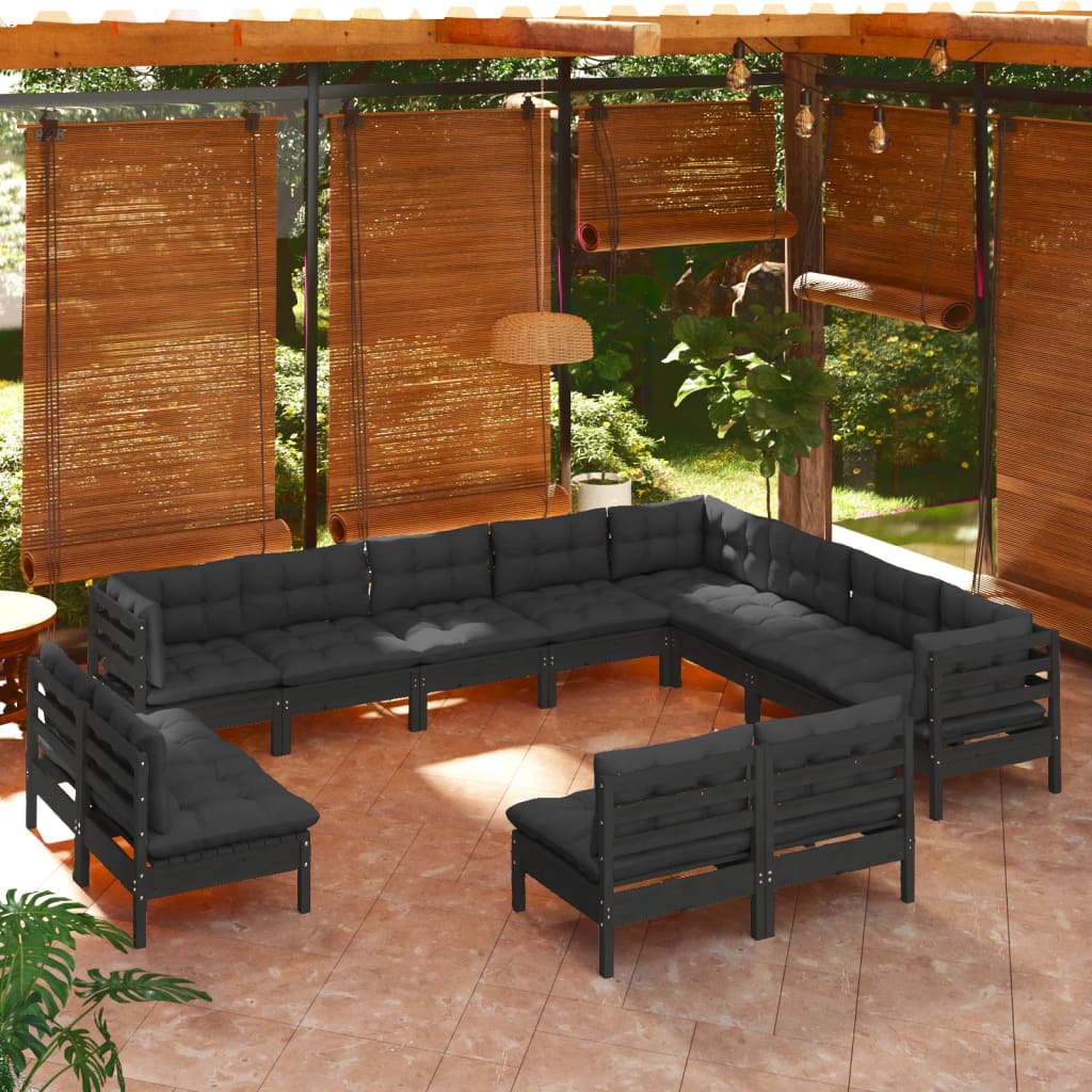 NNEVL 12 Piece Garden Lounge Set with Cushions Black Solid Pinewood-0
