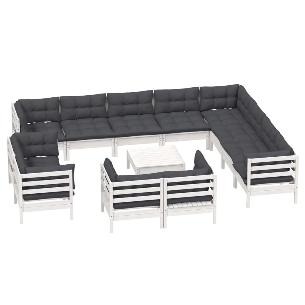 NNEVL 13 Piece Garden Lounge Set with Cushions White Solid Pinewood-2
