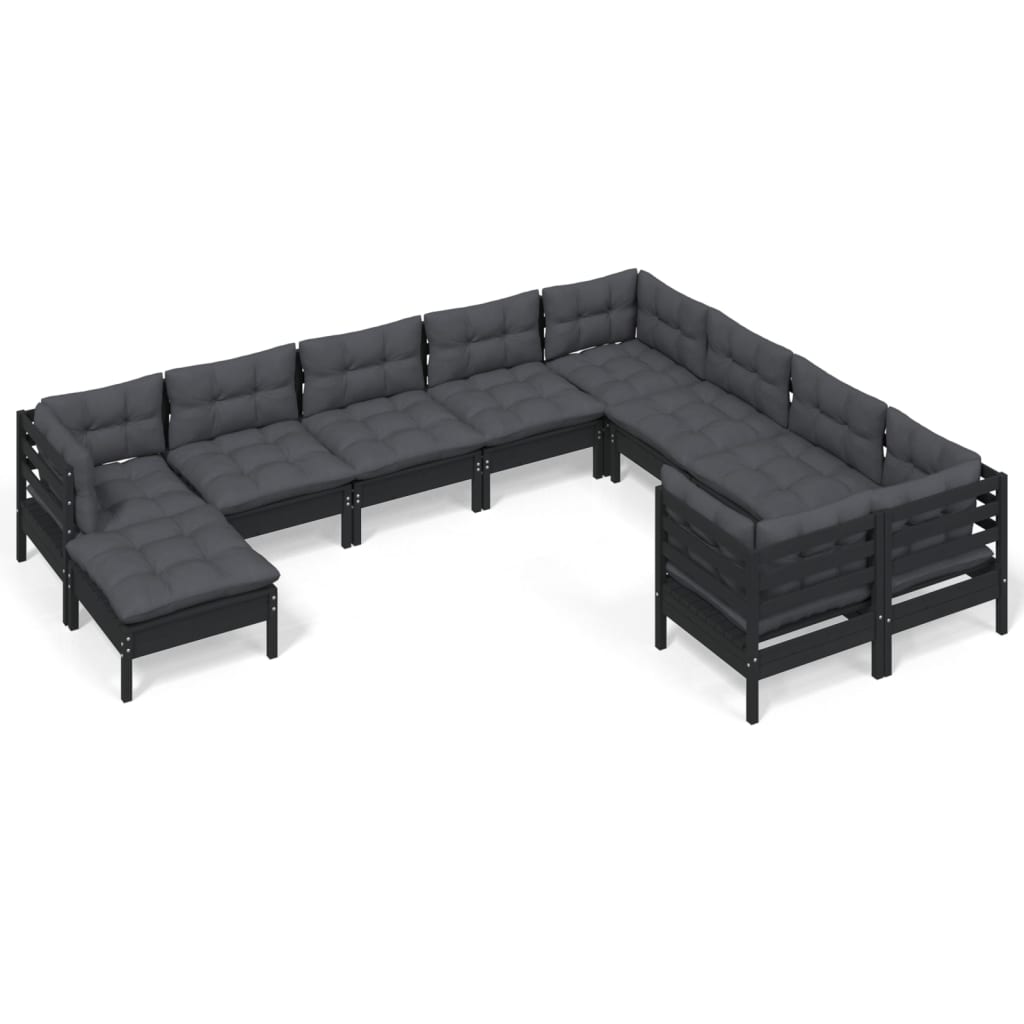 NNEVL 10 Piece Garden Lounge Set with Cushions Black Pinewood-1