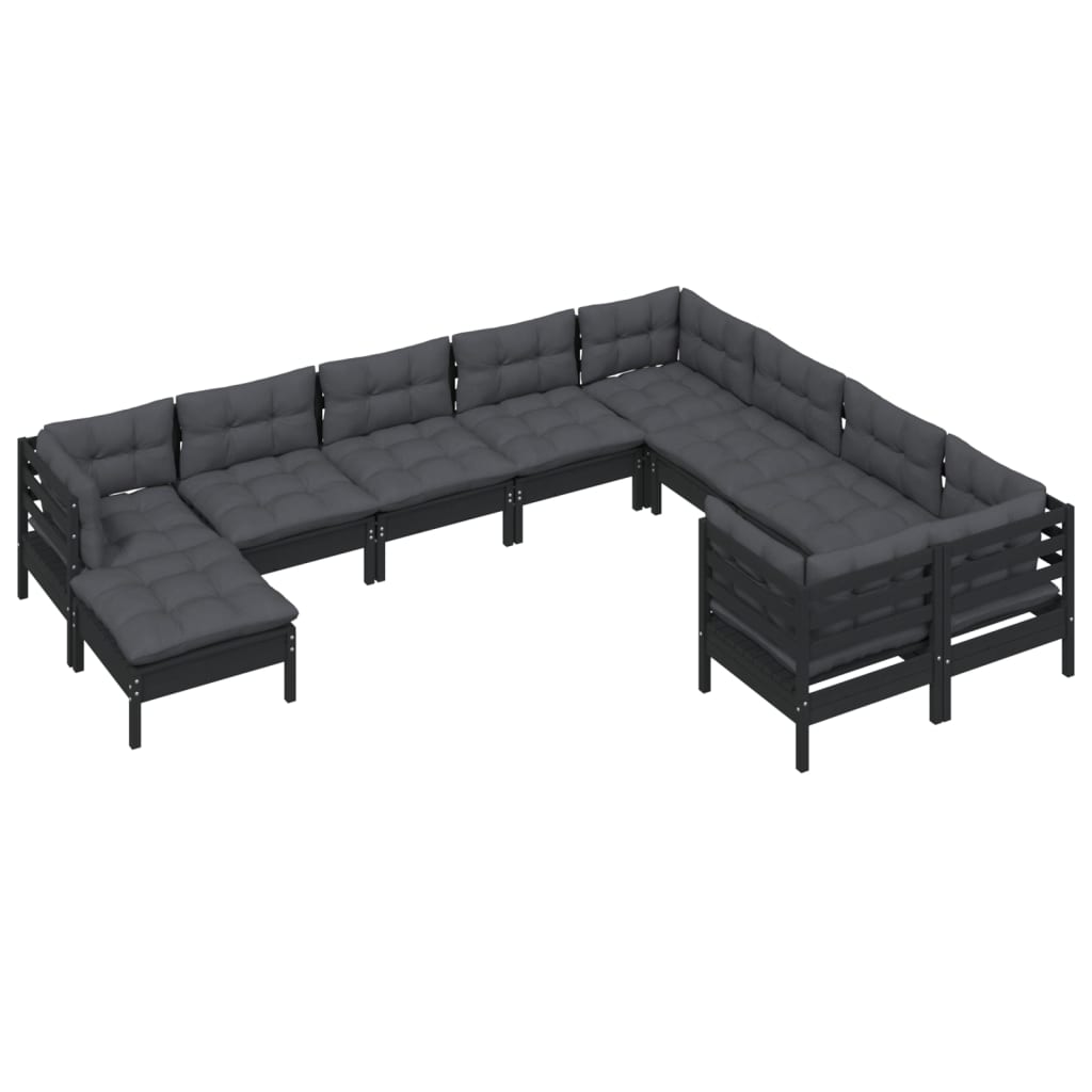 NNEVL 10 Piece Garden Lounge Set with Cushions Black Pinewood-2