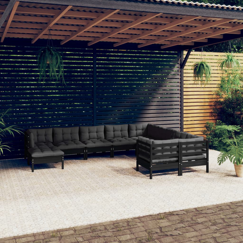 NNEVL 10 Piece Garden Lounge Set with Cushions Black Pinewood-0