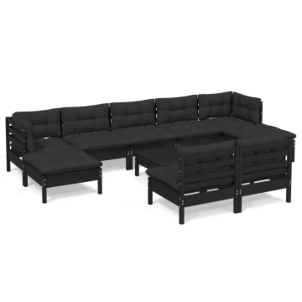 NNEVL 10 Piece Garden Lounge Set with Cushions Black Pinewood-1