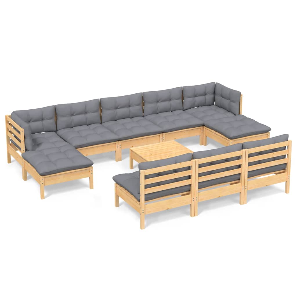 NNEVL 11 Piece Garden Lounge Set with Grey Cushions Pinewood-1