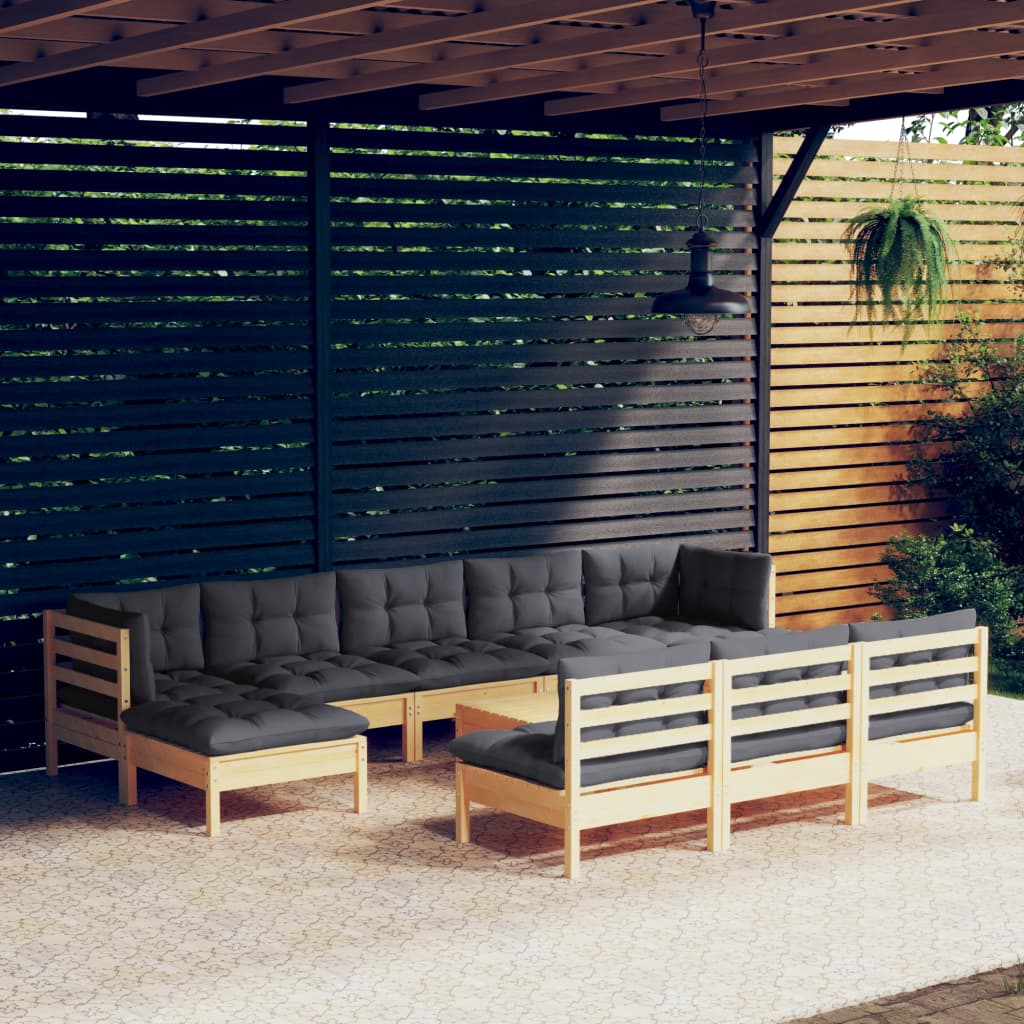 NNEVL 11 Piece Garden Lounge Set with Grey Cushions Pinewood-0