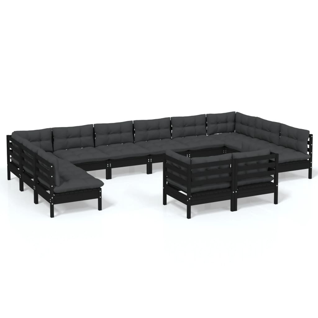 NNEVL 12 Piece Garden Lounge Set with Cushions Black Solid Pinewood-1