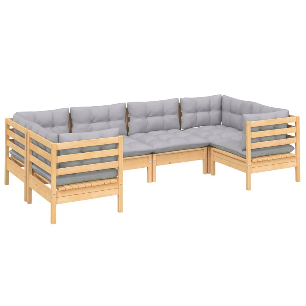 NNEVL 6 Piece Garden Lounge Set with Grey Cushions Pinewood-2