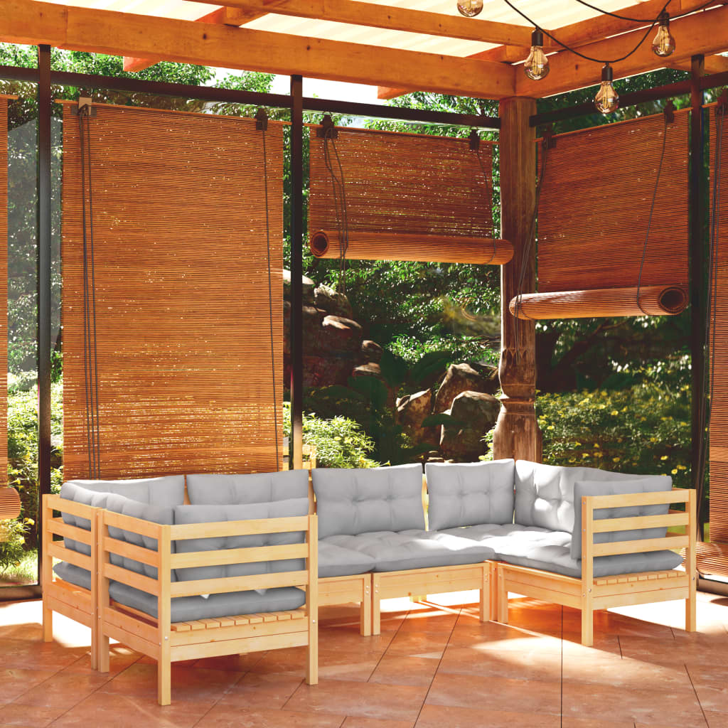 NNEVL 6 Piece Garden Lounge Set with Grey Cushions Pinewood-0