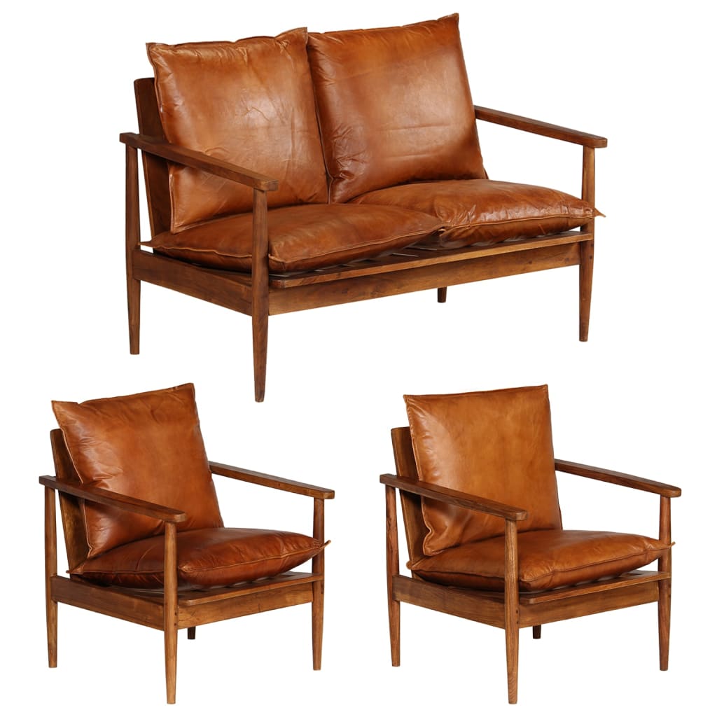 NNEVL 3 Piece Sofa Set Real Leather with Solid Wood Acacia Brown-0