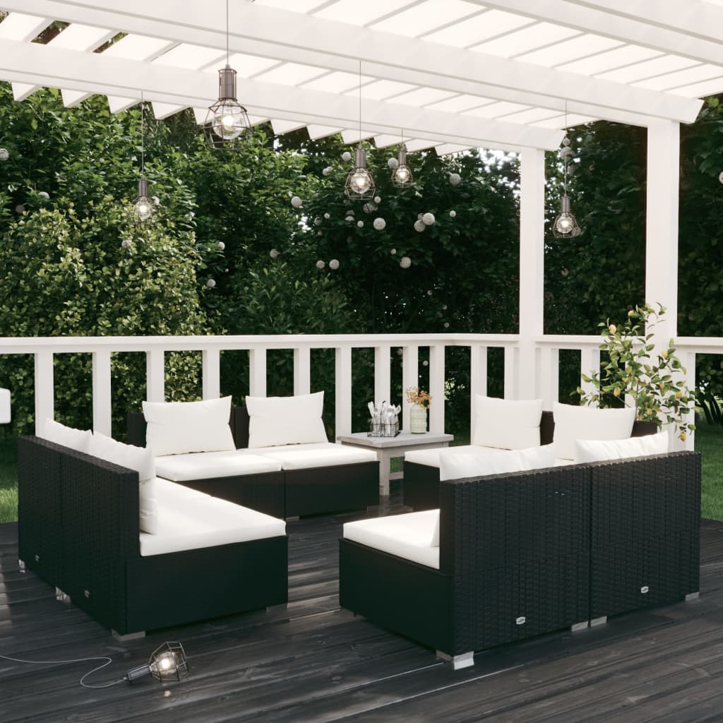 NNEVL 8 Piece Garden Lounge Set with Cushions Poly Rattan Black-0