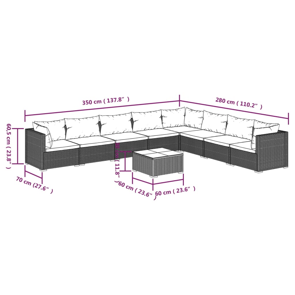 NNEVL 9 Piece Garden Lounge Set with Cushions Poly Rattan Black-4