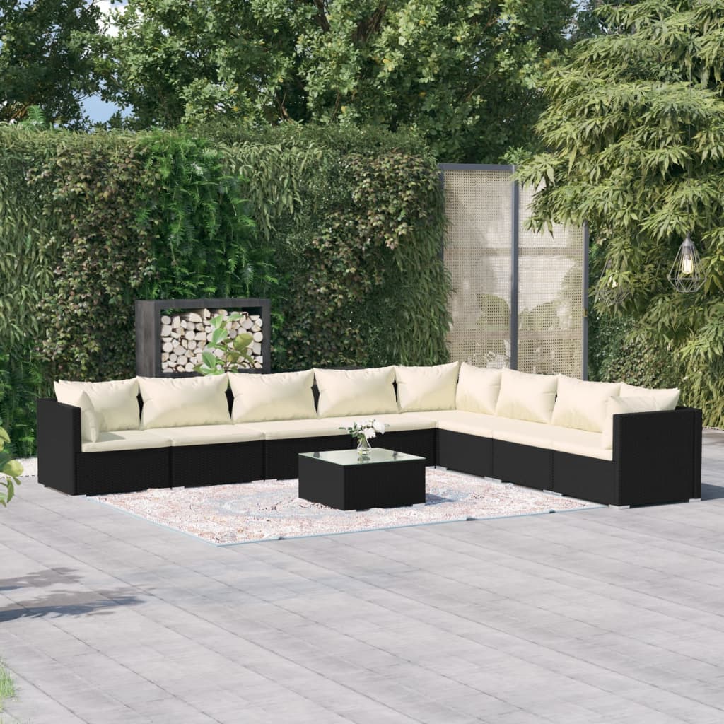 NNEVL 9 Piece Garden Lounge Set with Cushions Poly Rattan Black-0