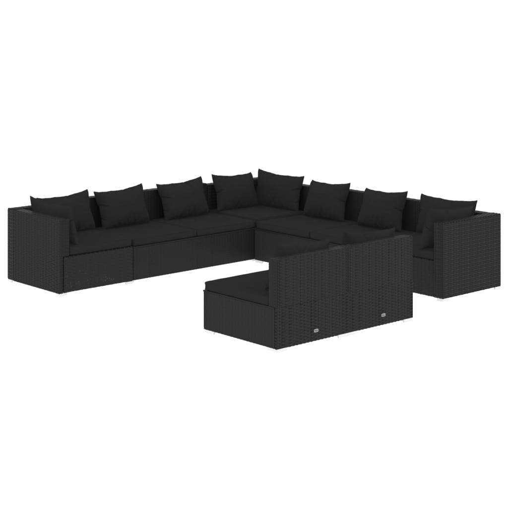 NNEVL 9 Piece Garden Lounge Set with Cushions Black Poly Rattan-1