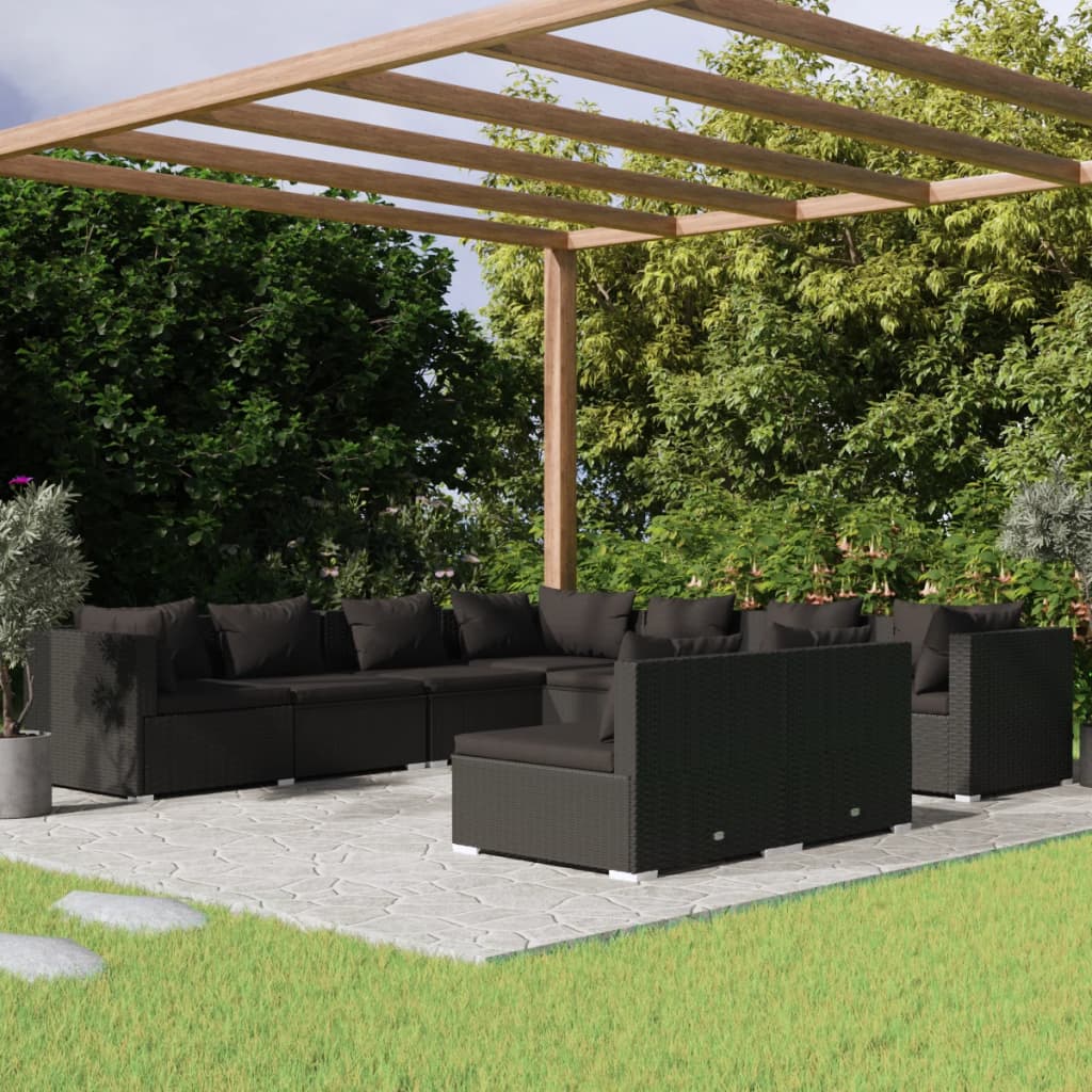 NNEVL 9 Piece Garden Lounge Set with Cushions Black Poly Rattan-0