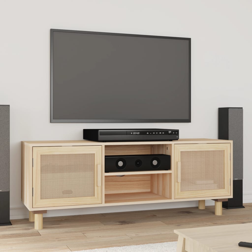 NNEVL TV Cabinet Brown 105x30x40 cm Solid Wood Pine&Natural Rattan-0