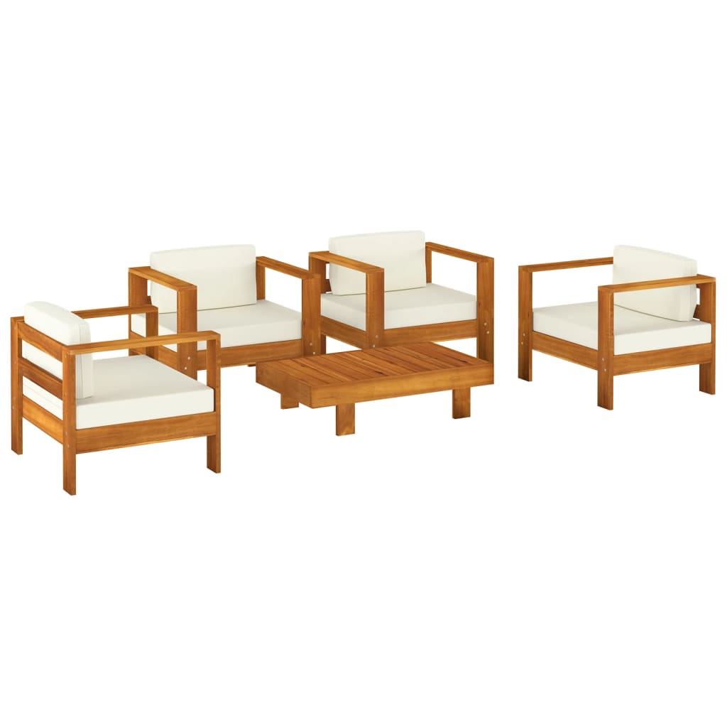 NNEVL 5 Piece Garden Lounge Set with Cream White Cushions Solid Wood-1