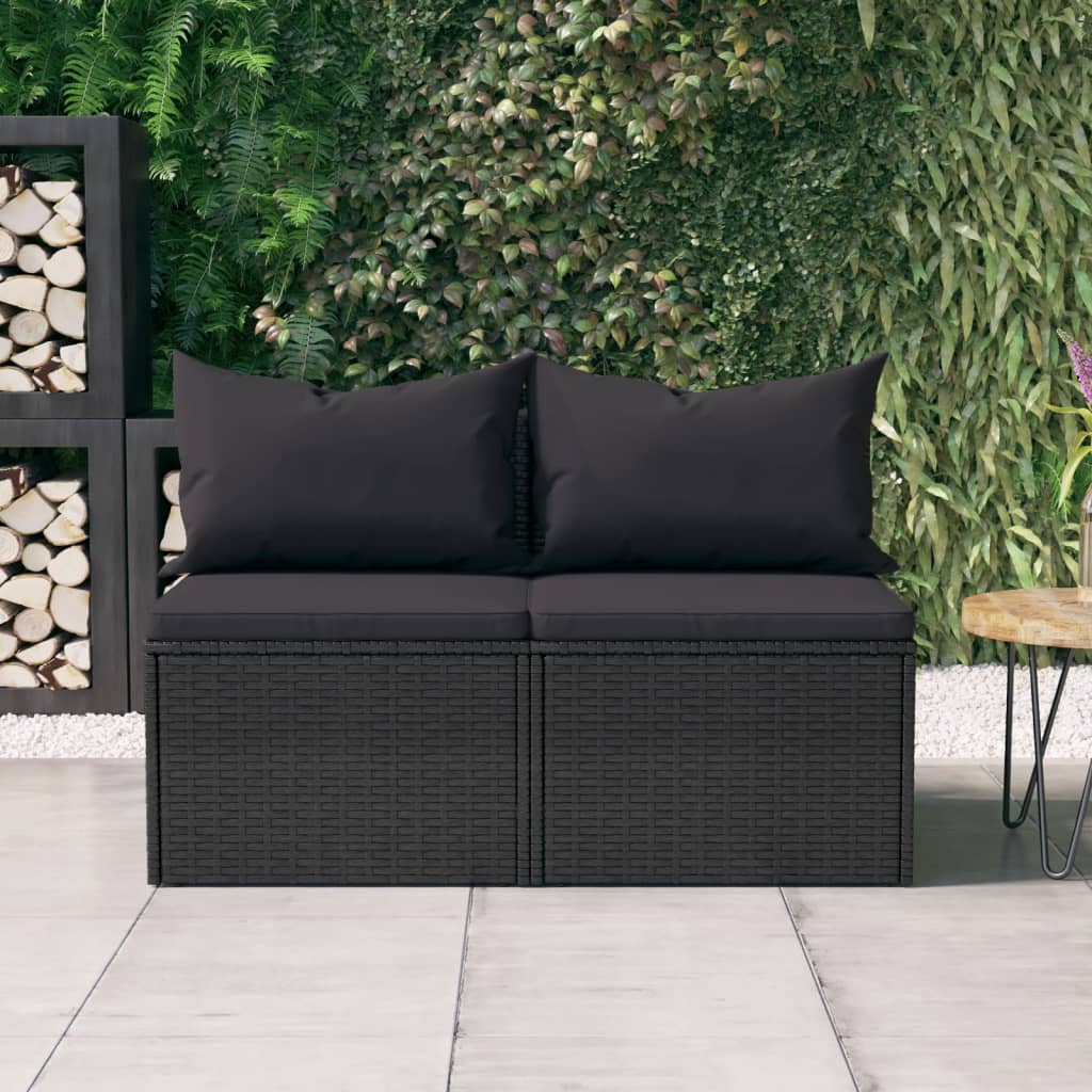 NNEVL Garden Middle Sofas with Cushions 2 pcs Black Poly Rattan-0