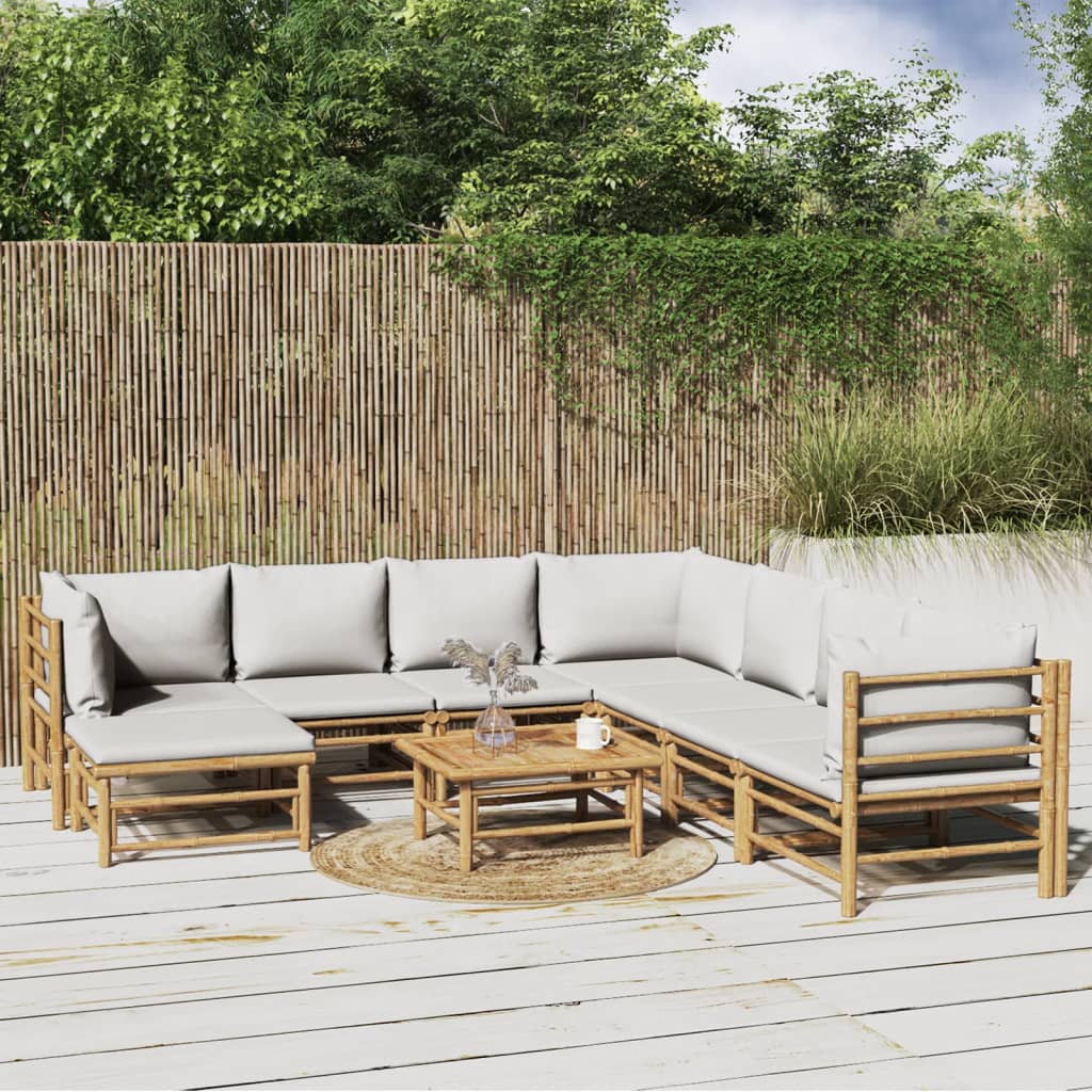 NNEVL 9 Piece Garden Lounge Set with Light Grey Cushions Bamboo-0