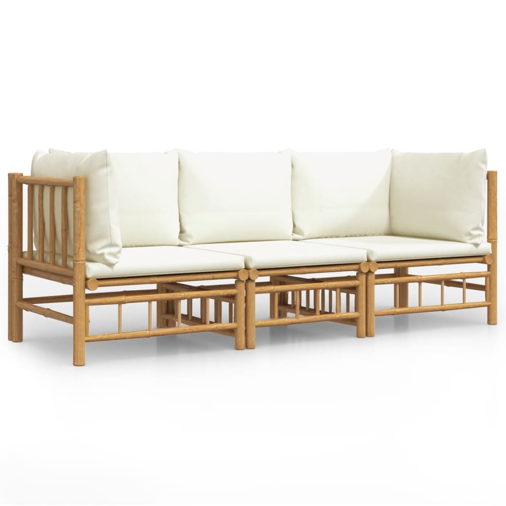 NNEVL 3 Piece Garden Lounge Set with Cream White Cushions  Bamboo-1