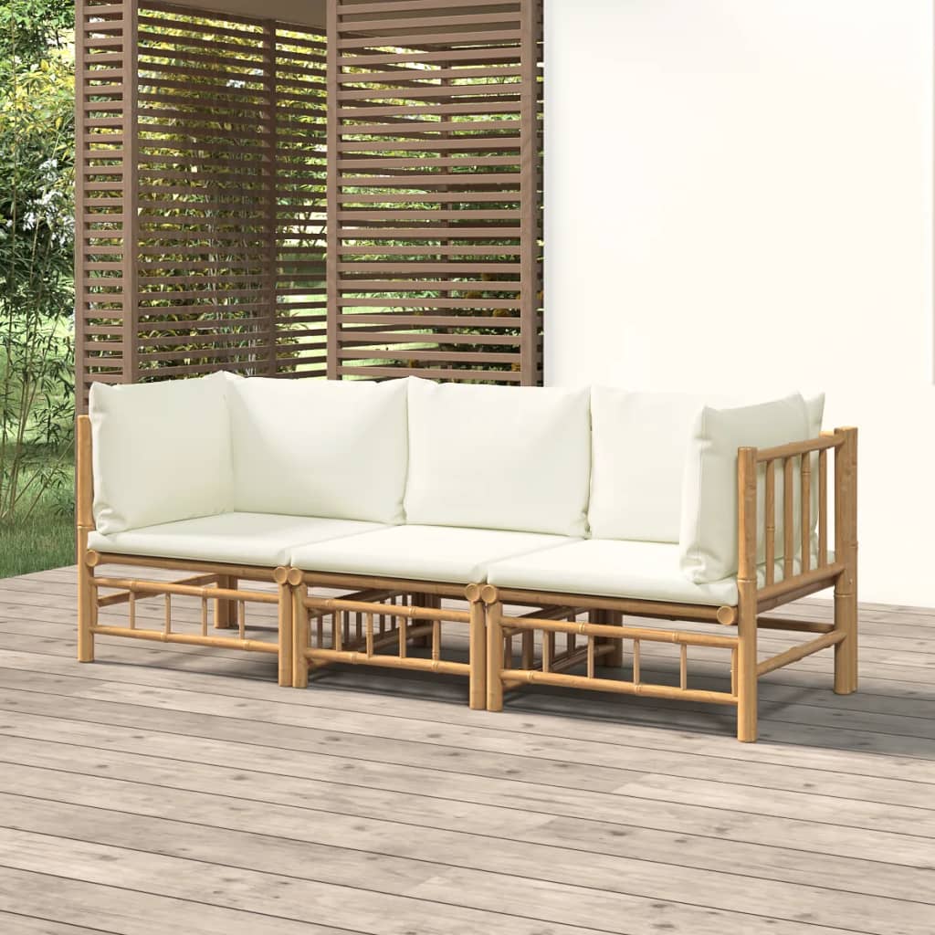 NNEVL 3 Piece Garden Lounge Set with Cream White Cushions  Bamboo-0