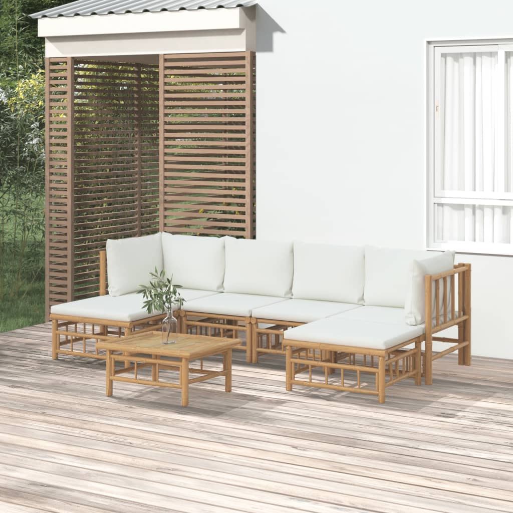 NNEVL 7 Piece Garden Lounge Set with Cream White Cushions  Bamboo-0