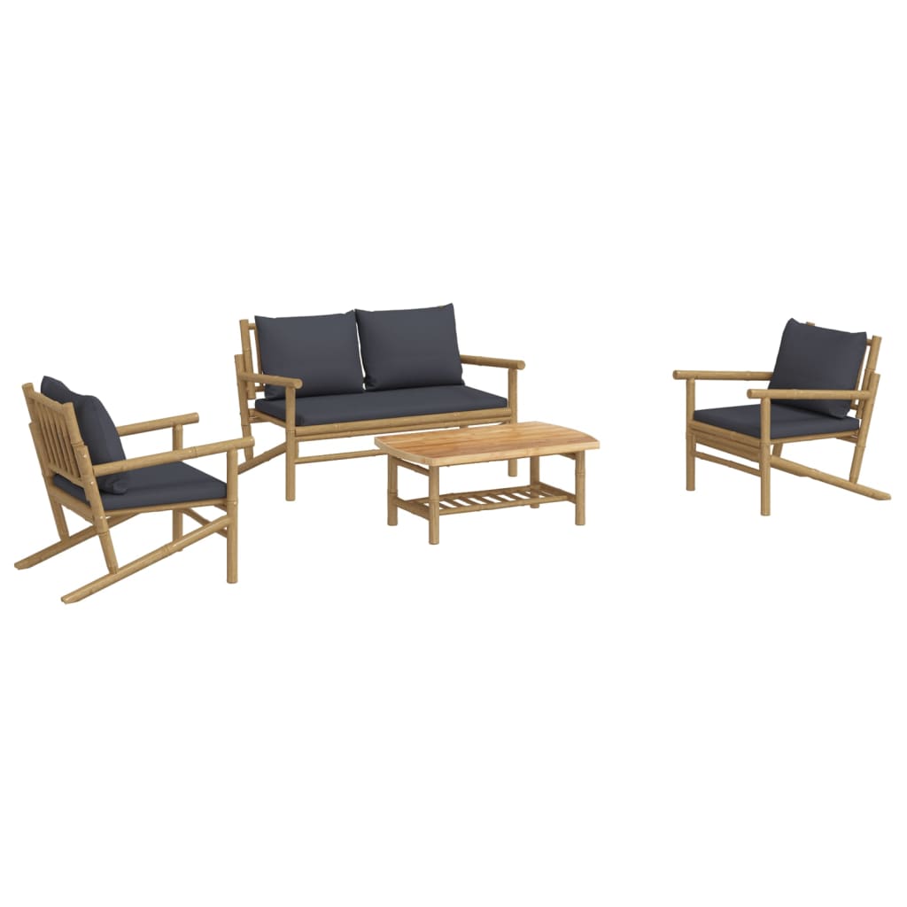 NNEVL 4 Piece Garden Lounge Set with Dark Grey Cushions Bamboo-2