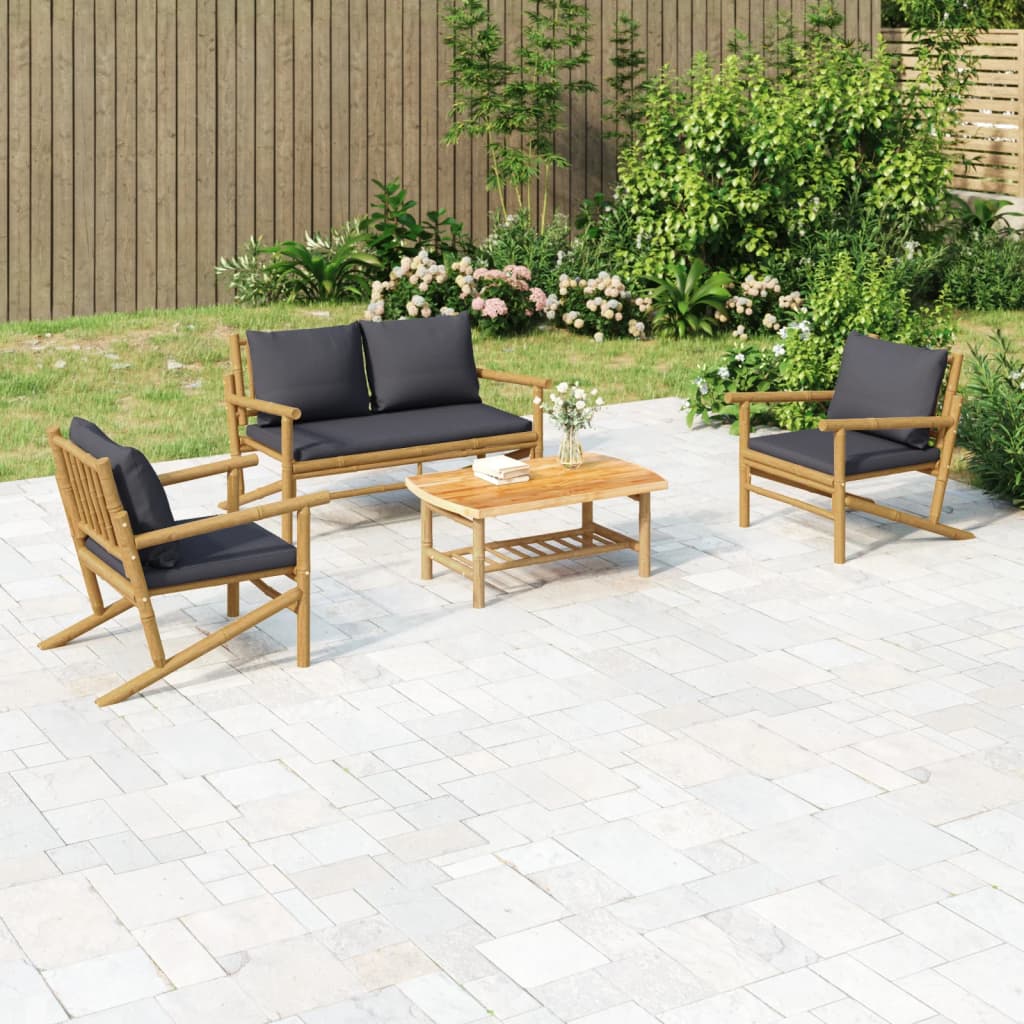 NNEVL 4 Piece Garden Lounge Set with Dark Grey Cushions Bamboo-0
