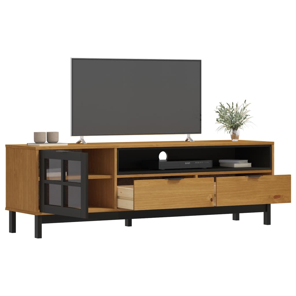 NNEVL TV Cabinet with Glass Door FLAM 158x40x50 cm Solid Wood Pine-2