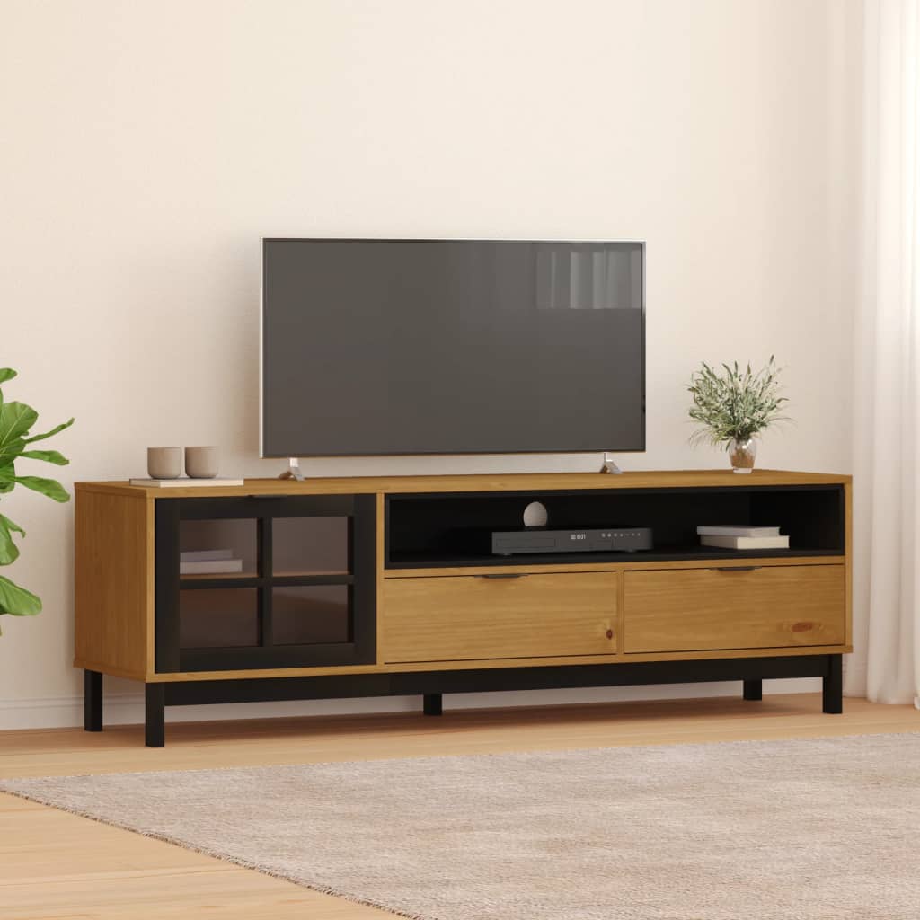 NNEVL TV Cabinet with Glass Door FLAM 158x40x50 cm Solid Wood Pine-0