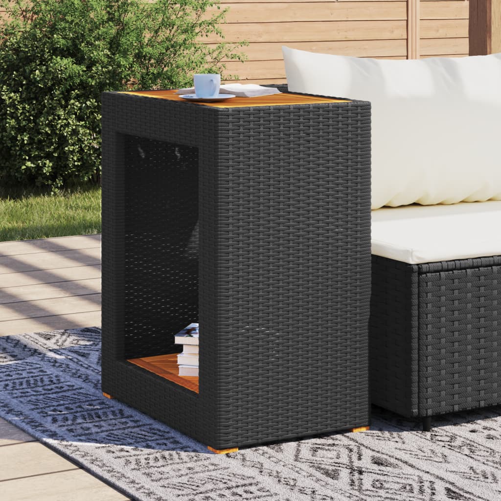 NNEVL Garden Side Table with Wooden Top Black 60x40x75 cm Poly Rattan-2