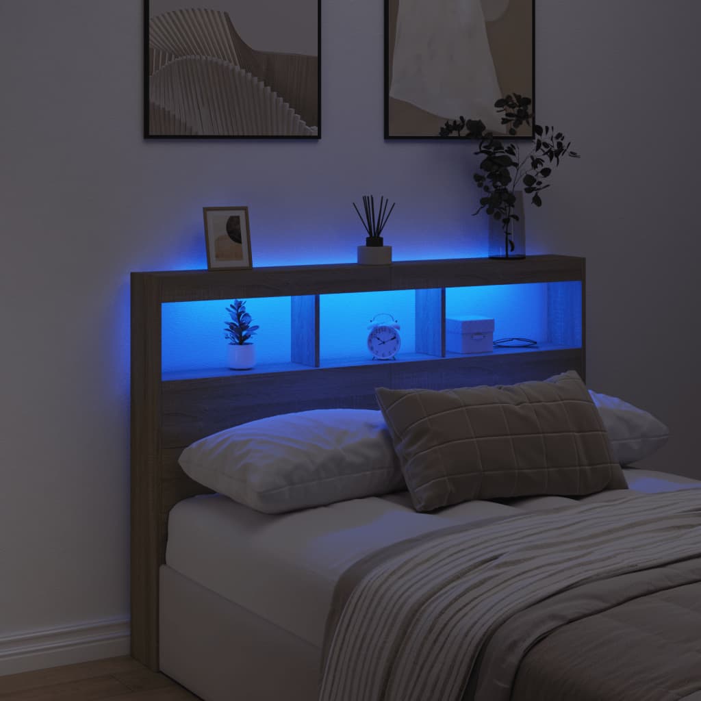 NNEVL Headboard Cabinet with LED Sonoma Oak 140x17x102 cm-3