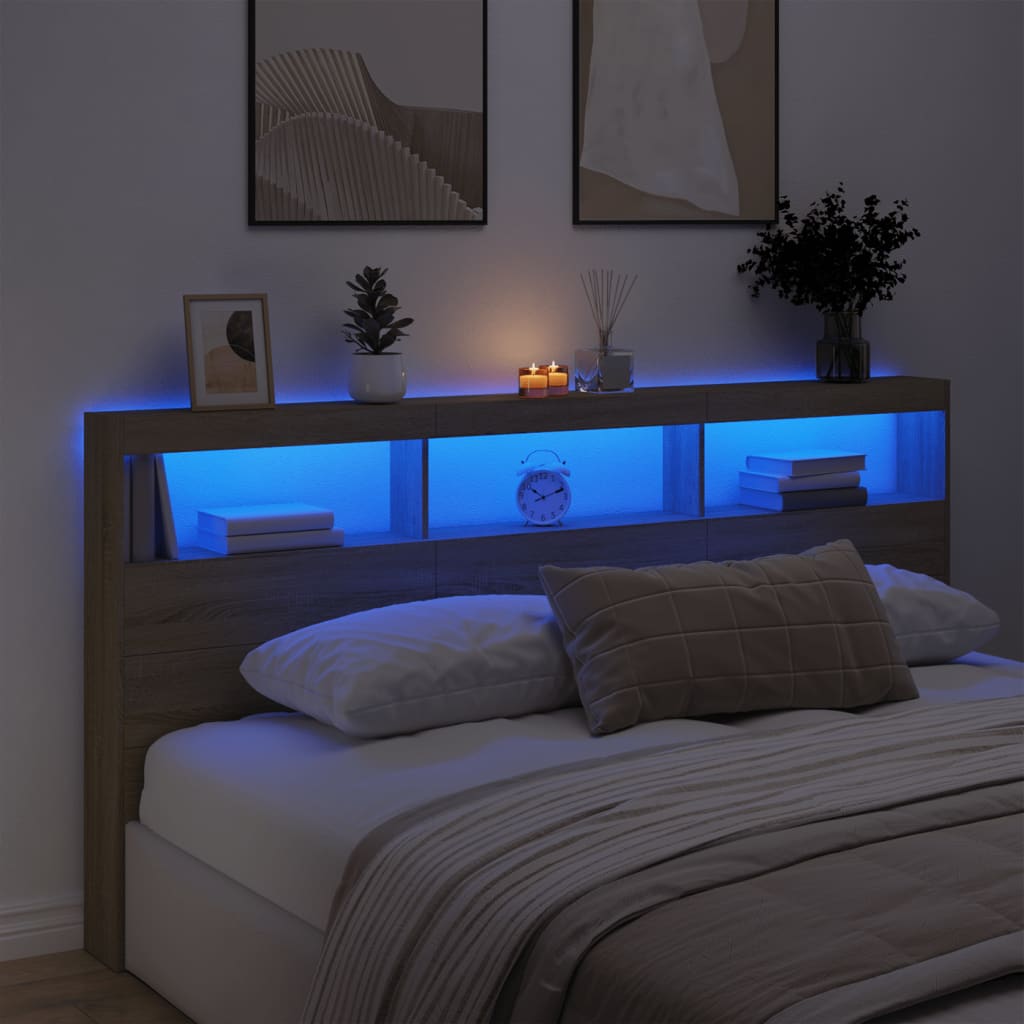 NNEVL Headboard Cabinet with LED Sonoma Oak 200x17x102 cm-3