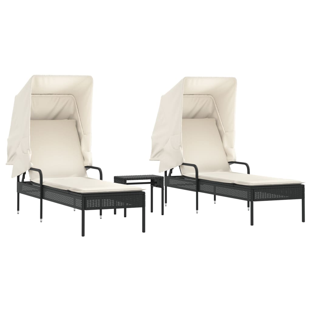 NNEVL Sun Loungers 2 pcs with Canopies and Table Black Poly Rattan-1