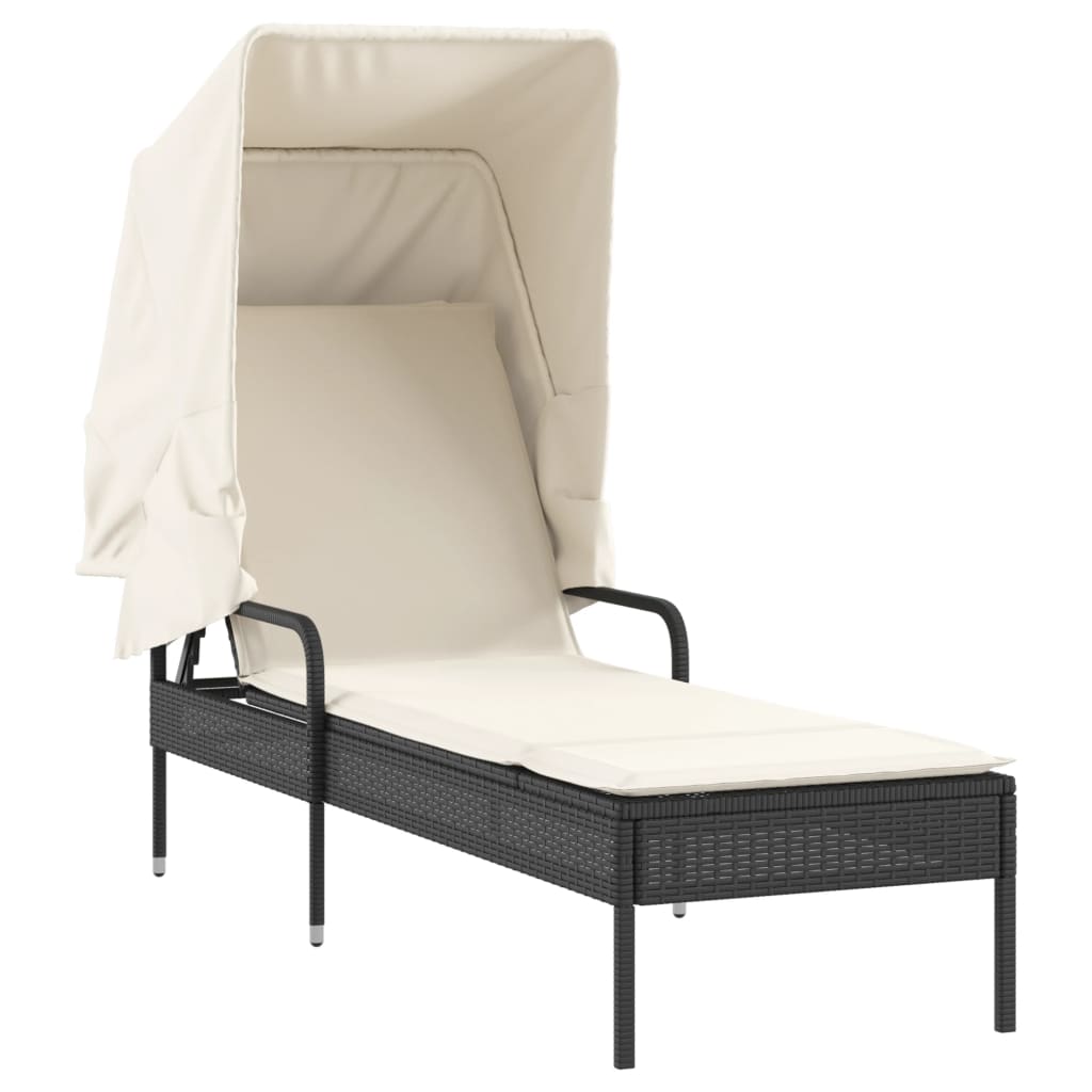 NNEVL Sun Loungers 2 pcs with Canopies and Table Black Poly Rattan-2