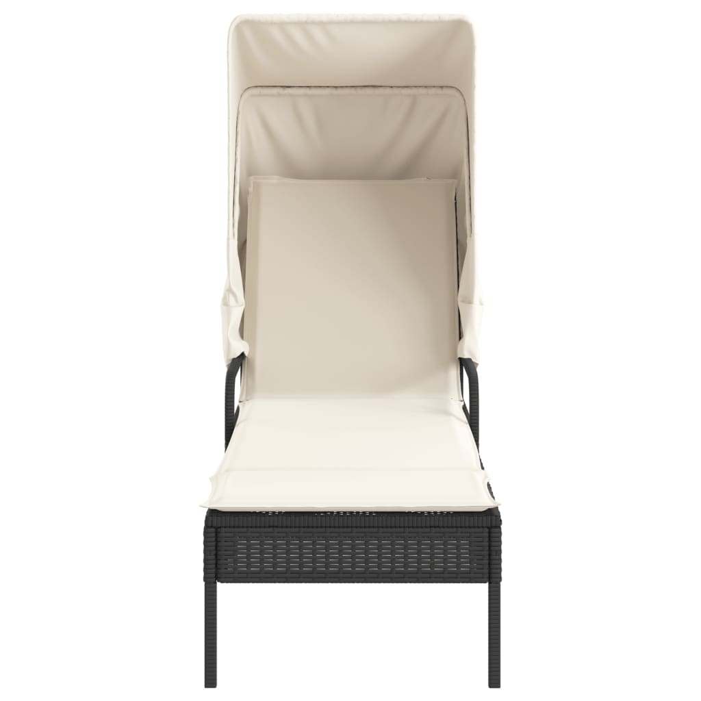 NNEVL Sun Loungers 2 pcs with Canopies and Table Black Poly Rattan-3