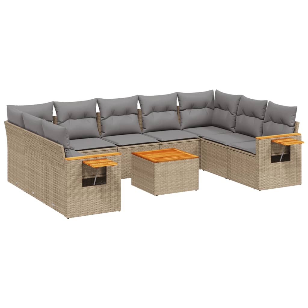 NNEVL 10 Piece Garden Sofa Set with Cushions Beige Poly Rattan-1