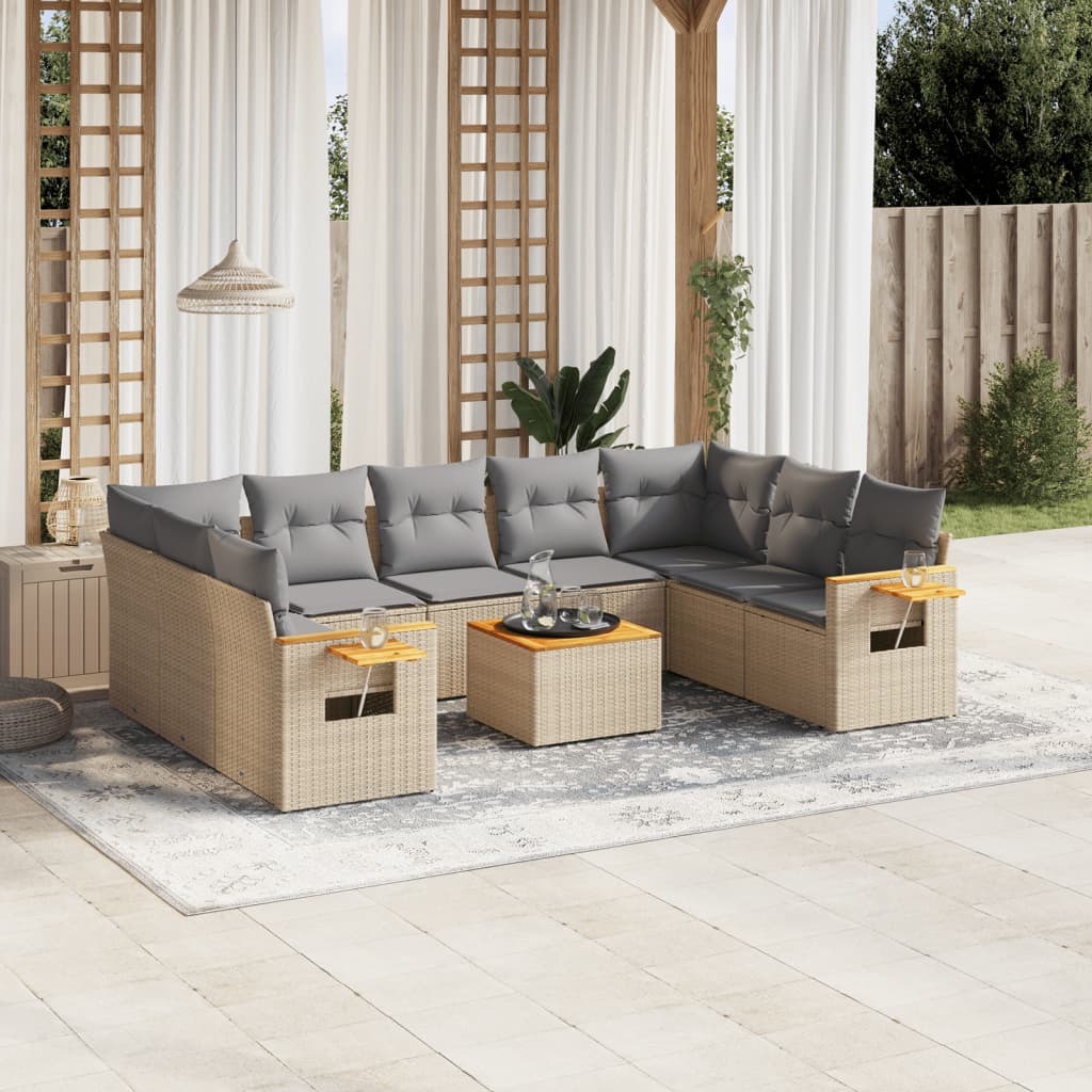 NNEVL 10 Piece Garden Sofa Set with Cushions Beige Poly Rattan-0