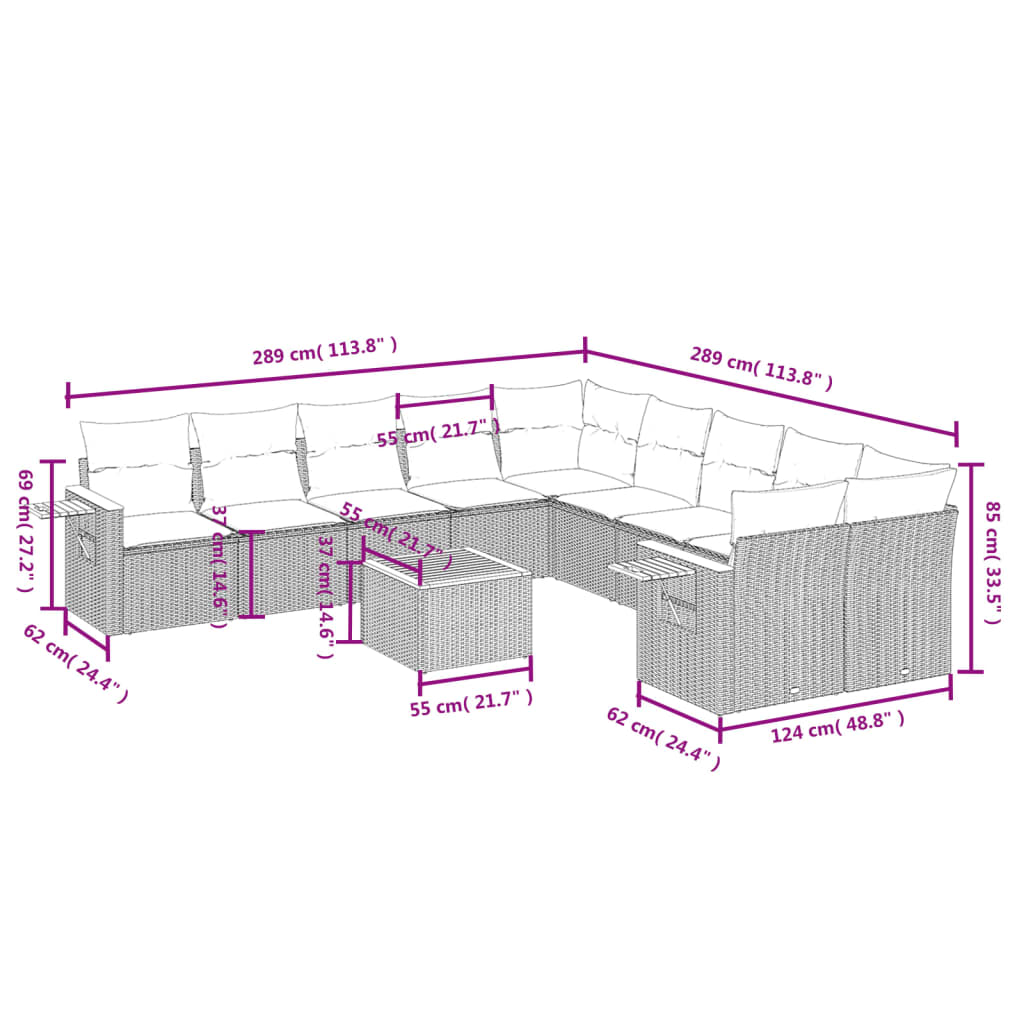 NNEVL 11 Piece Garden Sofa Set with Cushions Beige Poly Rattan-2