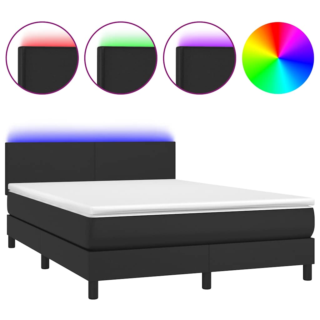 NNEVL Box Spring Bed with Mattress&LED Black 153x203 cm Queen Size Faux Leather-1