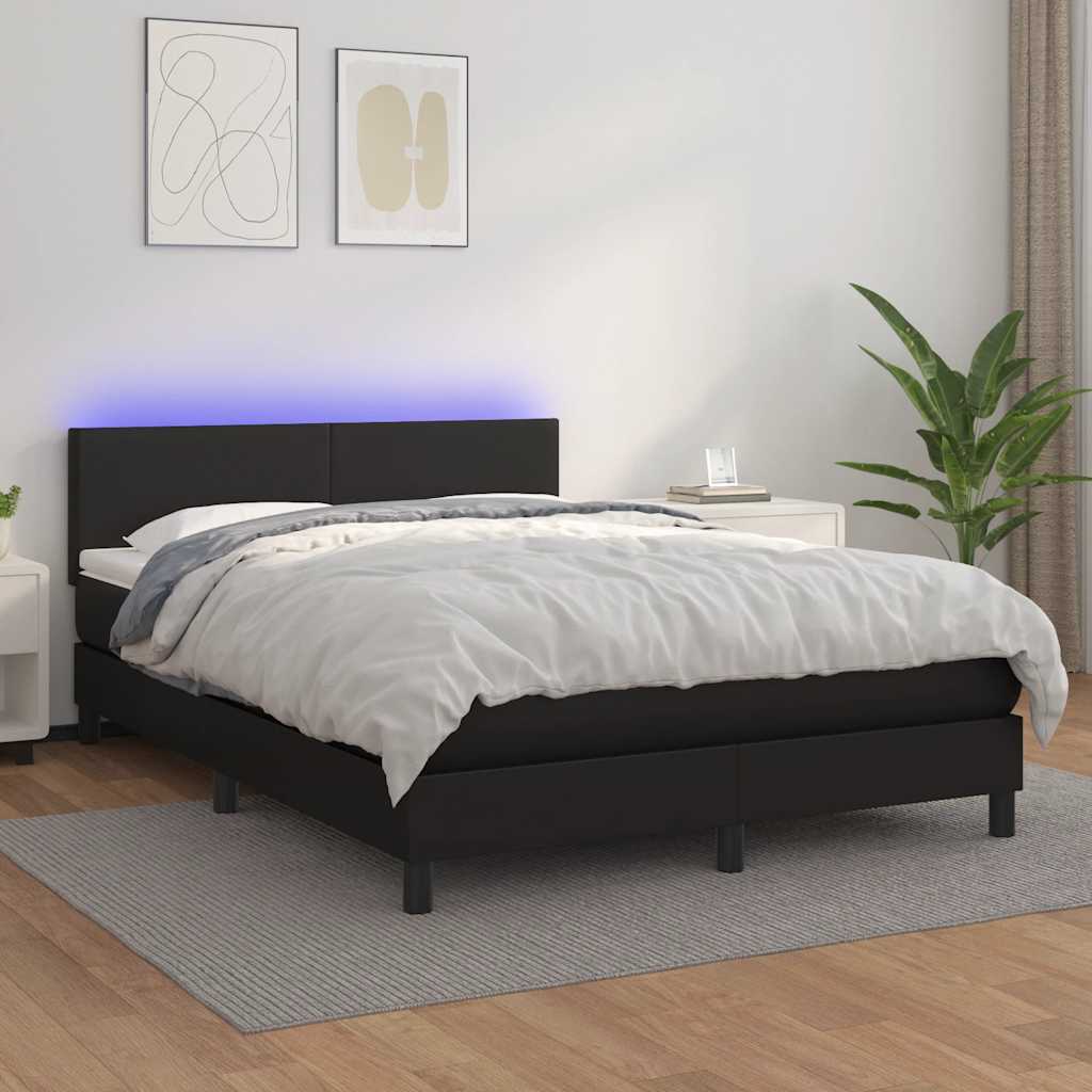 NNEVL Box Spring Bed with Mattress&LED Black 153x203 cm Queen Size Faux Leather-3
