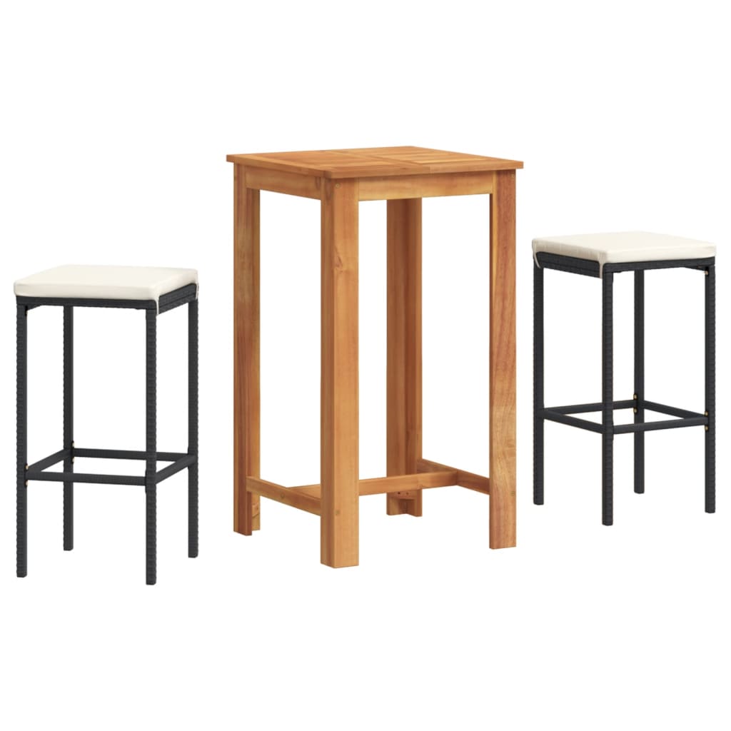 NNEVL 3 Piece Garden Bar Set Black Solid Wood Acacia and Poly Rattan-1