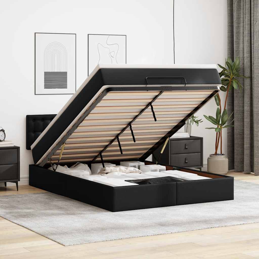 NNEVL Ottoman Bed with Mattress Black Queen Faux Leather-0