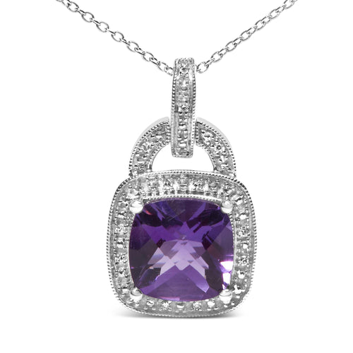 .925 Sterling Silver 10X10 MM Cushion Purple Amethyst and Diamond Accent Halo 18" Pendant Necklace (I-J Color, I1-I2 Clarity)-1