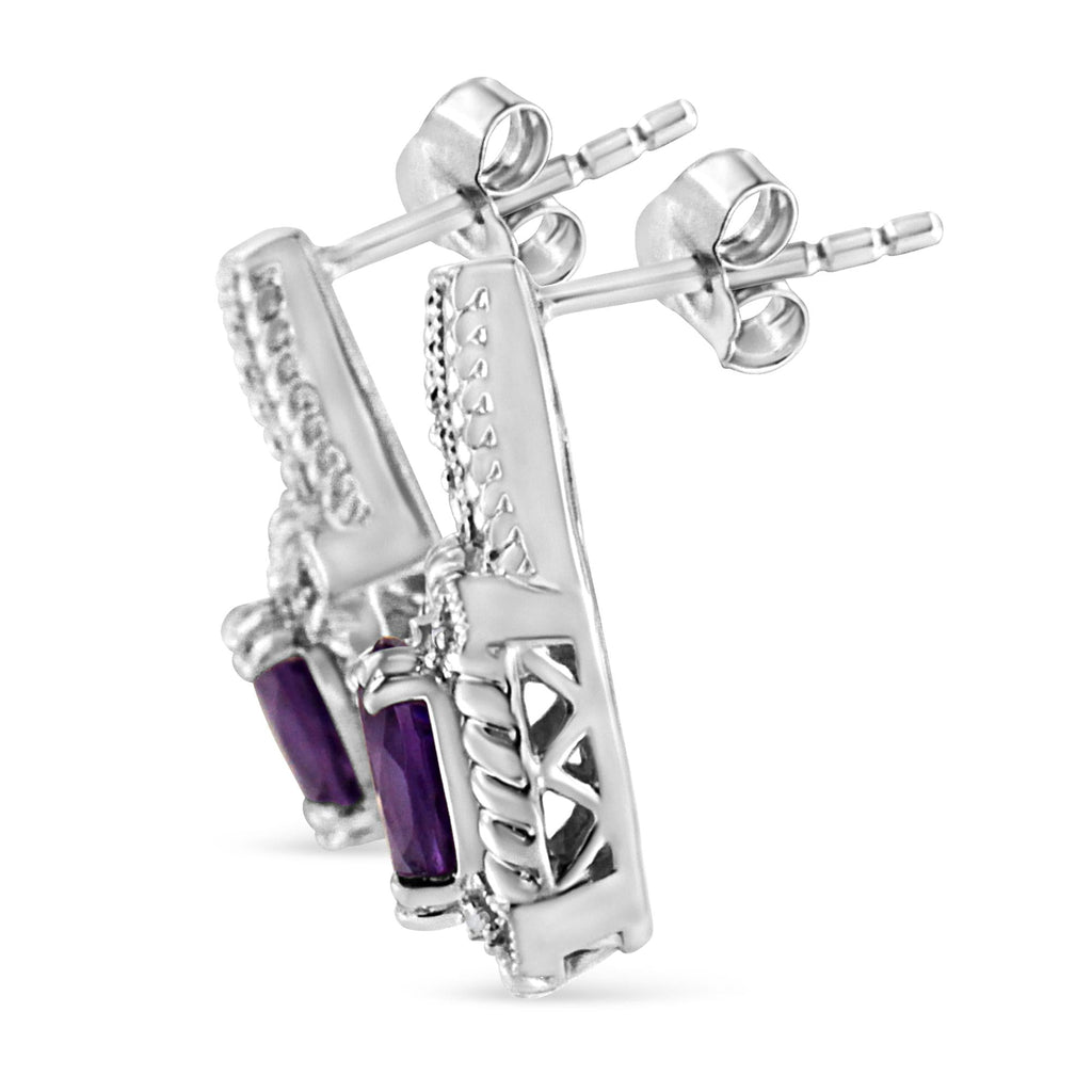 .925 Sterling Silver 8x6 MM Natural Oval Purple Amethyst Gemstone and Diamond Accent Art Deco Style Drop and Dangle Earrings (I-J Color, I1-I2 Clarity)-1