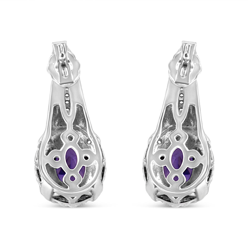 .925 Sterling Silver 8x6 MM Natural Oval Purple Amethyst Gemstone and Diamond Accent Art Deco Style Drop and Dangle Earrings (I-J Color, I1-I2 Clarity)-3