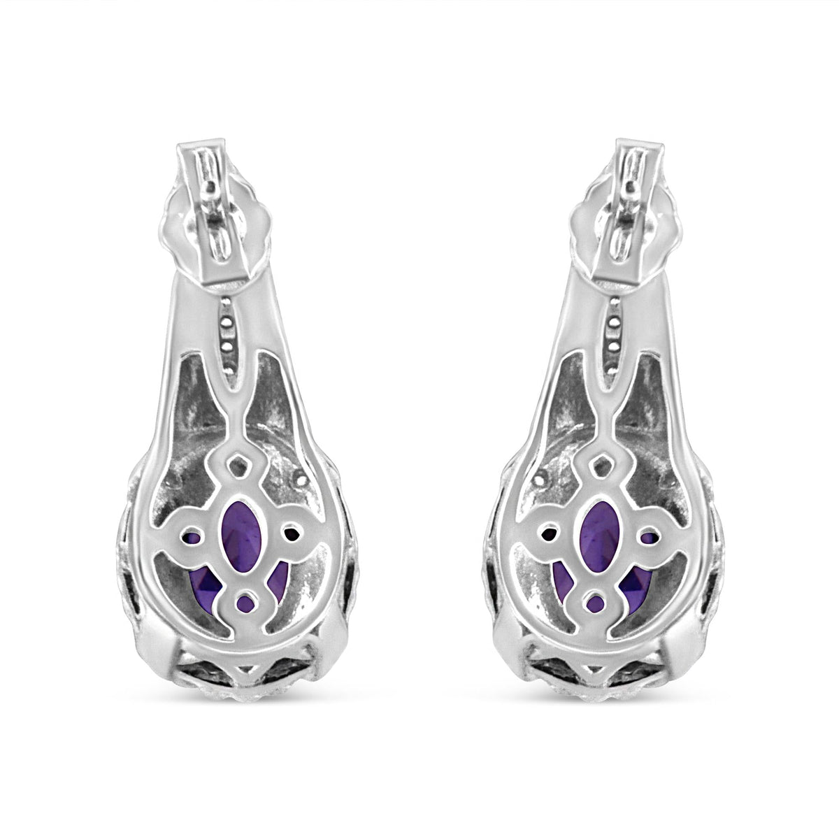 .925 Sterling Silver 8x6 MM Natural Oval Purple Amethyst Gemstone and Diamond Accent Art Deco Style Drop and Dangle Earrings (I-J Color, I1-I2 Clarity)-3