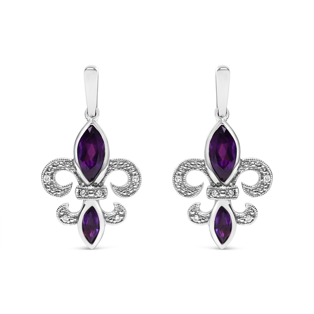 .925 Sterling Silver Marquise Cut Amethyst and Diamond Accent Fleur De Lis Dangle Stud Earrings (H-I Color, SI1-SI2 Clarity)-0
