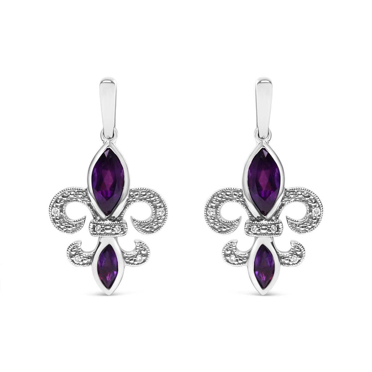 .925 Sterling Silver Marquise Cut Amethyst and Diamond Accent Fleur De Lis Dangle Stud Earrings (H-I Color, SI1-SI2 Clarity)-0