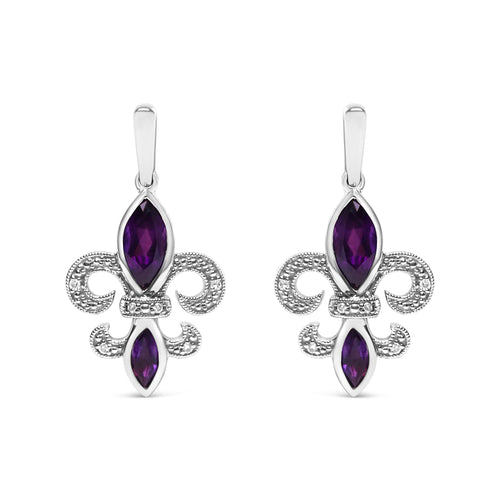 .925 Sterling Silver Marquise Cut Amethyst and Diamond Accent Fleur De Lis Dangle Stud Earrings (H-I Color, SI1-SI2 Clarity)-0
